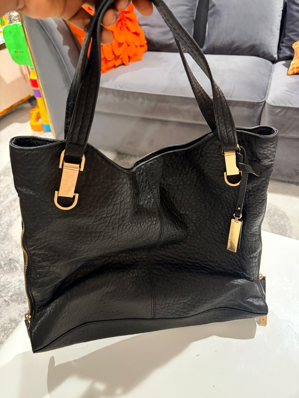 Black Leather Tote Bag with Gold Hardware